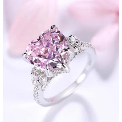 Fashion 100% 925 Sterling Silver Rings Heart Pink Created Moissanite Gemstone Wedding Engagement Ring For Women Fine Jewelry