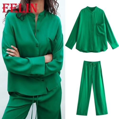 FELIN Za 2021 Casual Women Sets Chic Green Oversized Long Shirts and High Waist Elastic Pants Stylish Women Suits