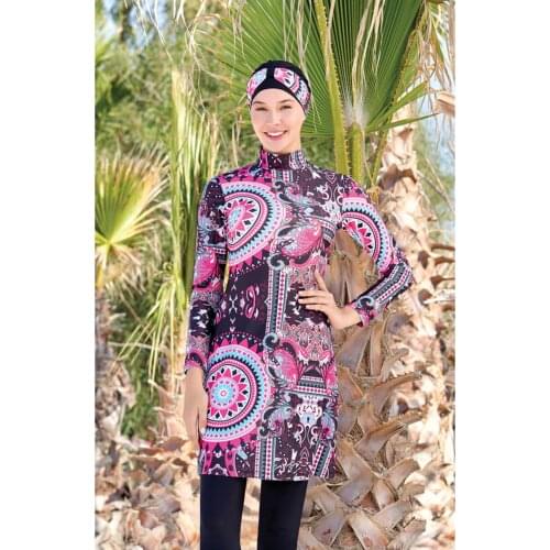Lycra Full Off Hijab Swimwear Ethnic Pattern 4216 Black Turkish' Muslim Swimsuit Burkinis Modest Clothing Islamic Long Sleeves H