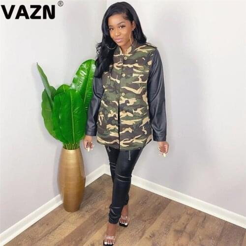 VAZN 2020 Hot List High-end Patchwork Camouflage Leather Outwears Casual Daily Regular Office Full Sleeve Women Slim Outwears
