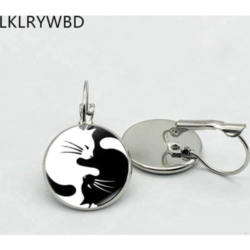 LKLRYWBD / Yin Yang Black and White Cat Earrings Silver Bronze Earrings Glass Earrings Fashion Girl Jewelry Beautiful Gift