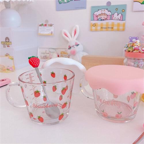 Cute Strawberry Peach Holding Cup Glass Bowl Breakfast Cereal Girl Milk Coffee Oatmeal Heat-resistant Microwave Kawaii Girl Mug