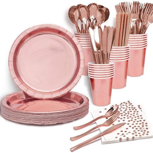 Rose Gold Party Supplies Set Disposable Tableware Birthday Paper Plates Cup Plastic Fork Baby Shower Wedding Anniver Decorations