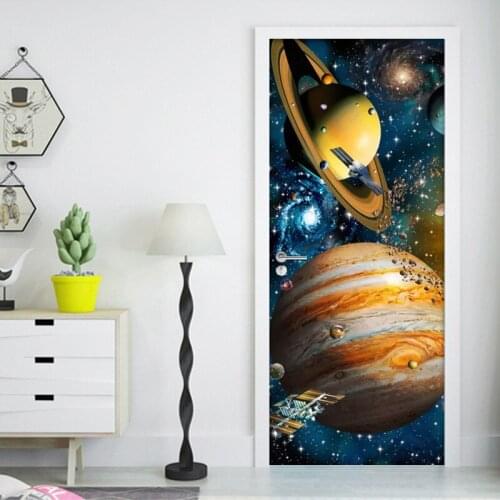 Door Sticker Self-adhesive Universe Star Sky Planet 3D Poster Photo Wallpaper For Kids Room Bedroom Door Mural Stickers Wall PVC