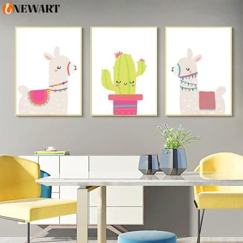 Cartoon Alpaca Cactus Wall Poster Baby Nursery Decoration Picture for Kids Room Canvas Painting Bedroom Decorative Picture