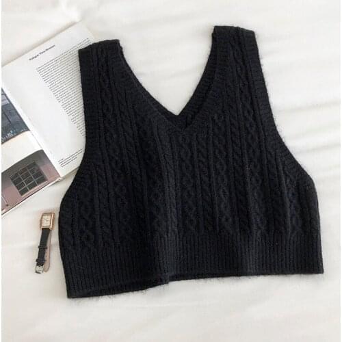 New Black Crop Sweater Tops Pullover Women Sleeveless Knitted Thread Twist Sweaters V Neck Koean Fashion Jumper Mujer Pull Femme