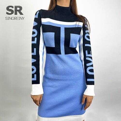 SINGREINY Autumn Letter Print Knitted Dress Female Retro Elastic Slim Sheath Dresses 2021 New Winter Warm Bodycon Sweater Dress