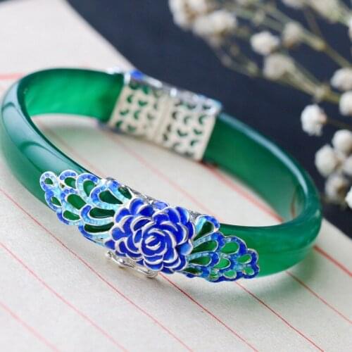 Retro Thai Silver Wholesale S925 Sterling Silver Inlaid Natural Green Chalcedony Bangle Female Vintage Opening Silver Bangle