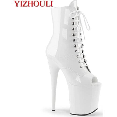 20cm PU vamp heels, 8in peep-toe thick boots with thin straps, low tube dancing shoes for women
