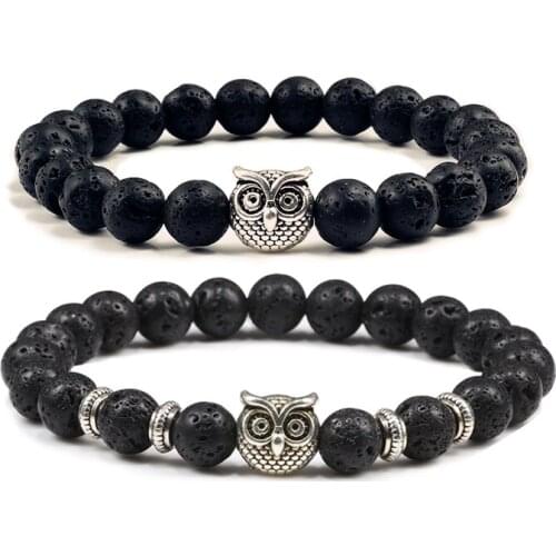 Owl Head Buddha 8mm Round Bead Bracelets Charm Natural Black Lava Volcanic Stone Bracelet Yoga Fashion Jewelry For Men Women