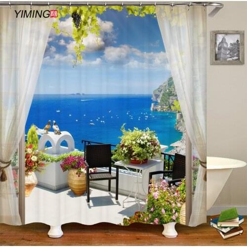 Outside the window 3D sea scenery home decoration shower curtain polyester waterproof bathroom shower curtain with hook