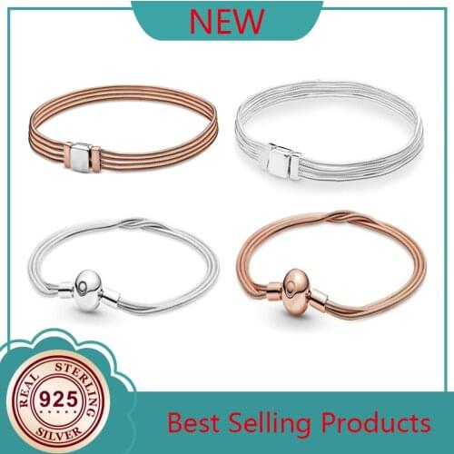 Authentic 925 Sterling Silver Bracelet Reflexions Rose Multi Snake Chain Bracelet Bangle Fit Women Bead Charm Fashion Jewelry