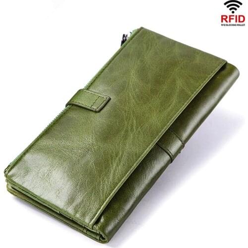 Womens Casual Wallet Genuine Leather Long Hasp RFID Blocking Large Capacity Clutch Wallets Coin Purse Money Clips Card Holders