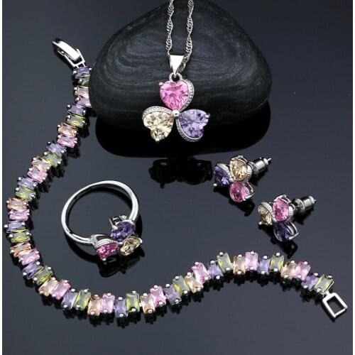 925 Silver Bridal Jewelry Sets For Women Multicolor Heart Stone Cubic Zirconia Stud Earrings Pendant Ring Bracelet Necklace Sets