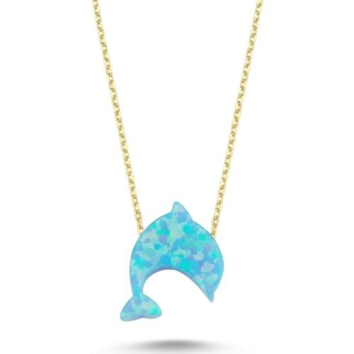 14k (585) Gold Opal Stone Dolphin Pendant, Necklace