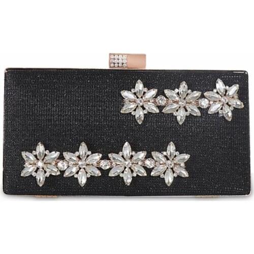 2020 black leather evening bags diamond handmade flowers banquet clutch purse wedding bags with chain drop shipping MN1431