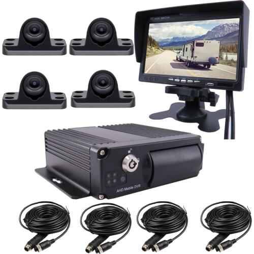 4-CH 1080P Backup Camera System Mobile Vehicle Car DVR with 4 IP69 Waterproof Rear Side Front Camera for Truck Van Bus RV 7" VGA