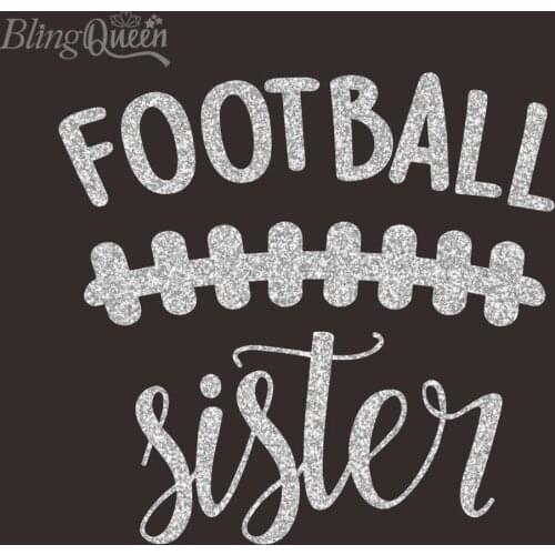 BlingQueen 12PCS/LOT Glitter Heat Transfer Vinyl Sticker Iron On Transfers For Clothes Custom LOGO Football Sister Design