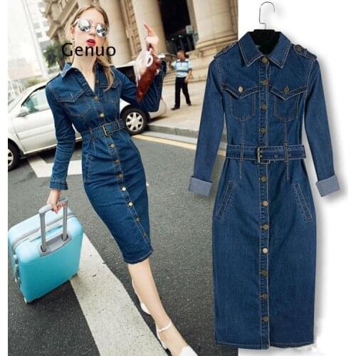 Jeans Dress Denim Dresses Winter Office Slim Jeans Long Sleeve Mid-Cuff Denim with Belt for Women Jeans Dress Long Dress