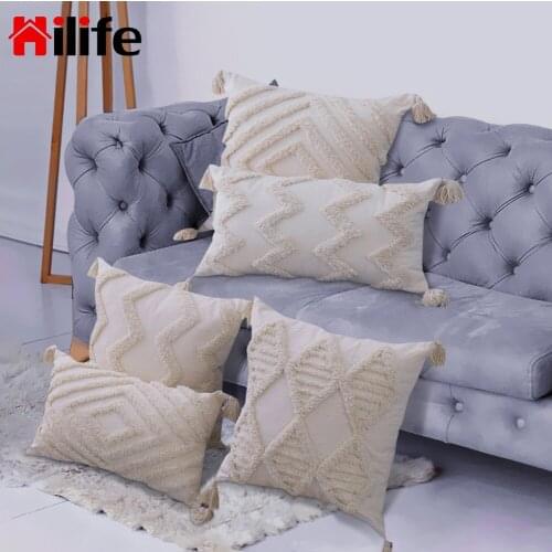 HILIFE Beige Tassels Cushion Cover Home Decor Boho Pillowcase With Tassels Sofa Living Room Decoration Handmade Woven Pillowcase