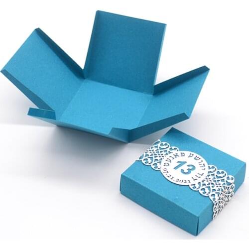 Exquisite jewish bar mitzvah gifts teal color surprised box with laser custom hebrew name band decoration