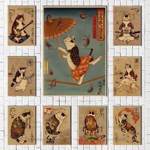 Lankshear Canvas Painting Japan Samurai Cat Print Posters Cat Tattoo Kraft Picture Retro Wall Art Living Room Bedroom Decoration