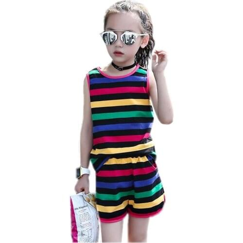 Baby Girls Clothing Set 2018 Summer Baby Girls Clothes Vest Stripe Seeveless Rainbow Cotton Children Clothes Fashion Pullover