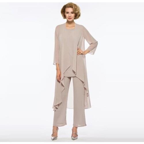 Mother of The Bride Pantsuits with Jacket O-neck 3 Pieces Wedding Party Suit Sleeveless Chiffon Mother Dresses for Wedding