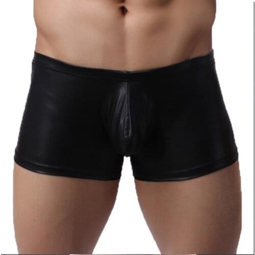 Sexy Gay Underwear Men Boxers Shorts Mesh Faux Leather Panties Man Low Waist U Convex Pouch Underpants Cueca masculina Black S-L