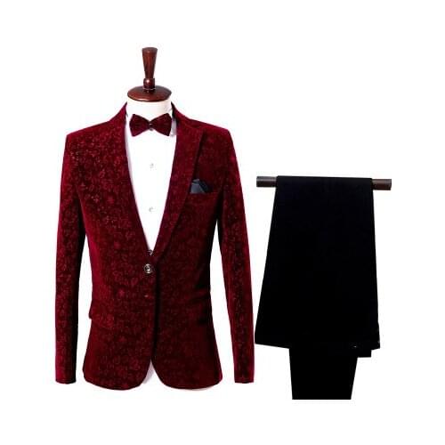 Men Autumn Winter Wine Red Burgundy Velvet Floral Pattern Suit Jacket Slim Fit Blazer Designs Stage Costumes For Singers