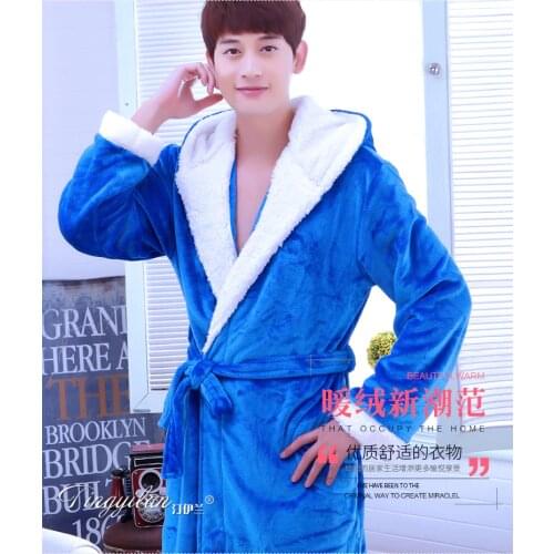 Male Winter Flannel Bathrobe Sleepwear Thicking Mens Warm SPA Bathrobe Pajamas Male Long Sleeve Belt Solid Soft Homewear D-2096
