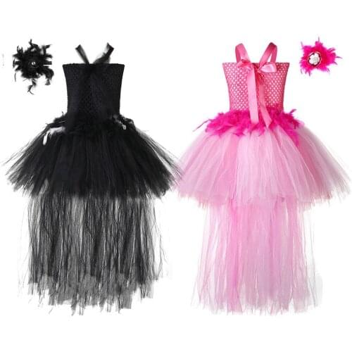 Black Swan Girls Tutu Dress Train Feathers Birds Animal Theme Girl Birthday Party Dresses Kids Girls Halloween Cosplay Costumes