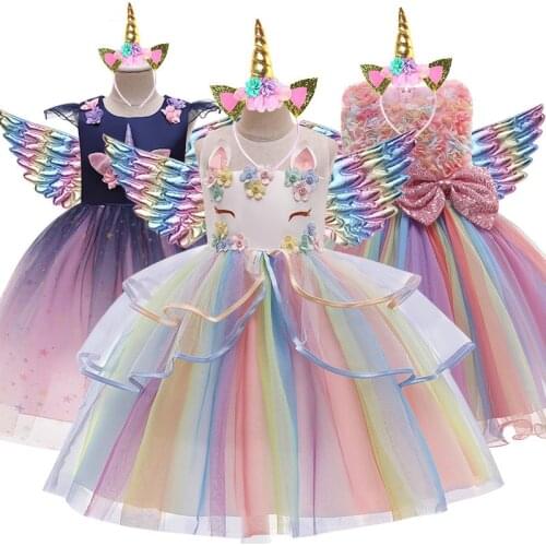 Girls Unicorn Colorful Dress Wedding Flower Girl Dress Sleeveless Elegant Princess Birthday Party Formal Dress Tulle Lace Dress