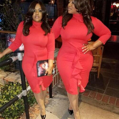 Sexy Turtleneck Bodycon Dress Women Party Clubwear 2021 Casual Long Sleeve Autumn Winter Ruffle Dresses Vestidos Plus Size 4XL