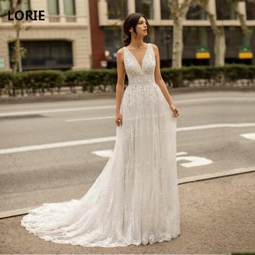 LORIE Bohemian A Line Wedding Dresses Appliqued Deep V Neck Princess Wedding Gowns Vestidos de novia