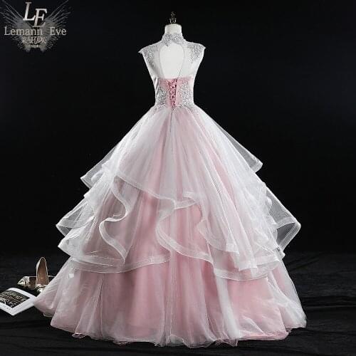 Light pink stand collar embroidery ruffle princess cosplay wonderland medieval dress Renaissance gown queen Victoria Belle Ball
