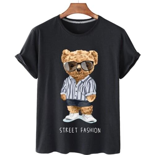Top Handsome Sunglasses Bear Print Cotton Short-sleeved O-neck Loose Casual Top T-shirt Female Oversized T-shirt Couple S-3XL