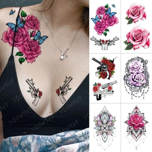 Waterproof Temporary Tattoo Sticker Butterfly Gun Rose Lace Flower Flash Tattoos Lotus Body Art Arm Fake Tatoo Women Men