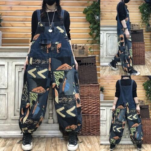 Wide Leg Jean Jumpsuits Women Plus Size Suspenders Bib Denim Overalls Autumn Baggy Cowboy Rompers Printed Hip-Hop harem jeans