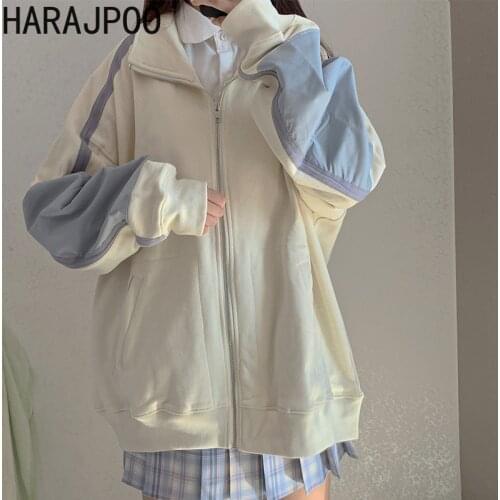 Harajpoo Women Jackets Sweater Spring Fall Korean Loose Long Sleeve Color Matching Casual Students All Match Mid Length Cardigan