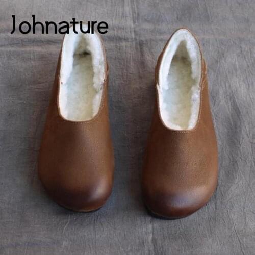 Johnature Flats Women Shoes 2020 New Winter Genuine Leather Retro Leisure Comfortable Concise Casual Round Toe Ladies Shoes