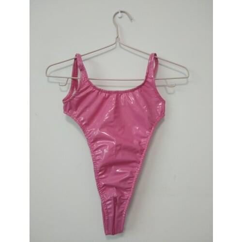 High cut Womens girls Shiny PVC fake leather Bikini wetlook One Piece Swimsuit Bathing bodysuit tight with crotch zipper