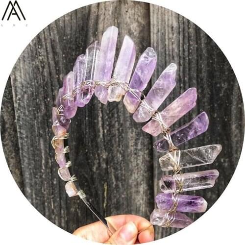 Gold Wire Wrapped Natural Light Amethysts Quartz Point Crown Tiara Women Bridal Crystal Metal Headband Hair Jewelry HG036AMCD