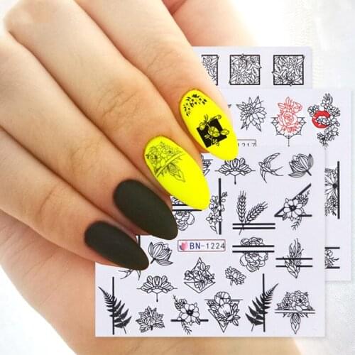 1 Sheet Manicure Small Watermark Decals Color Black And White Style Flowers Series Fresh Nail Art Paste Accessories