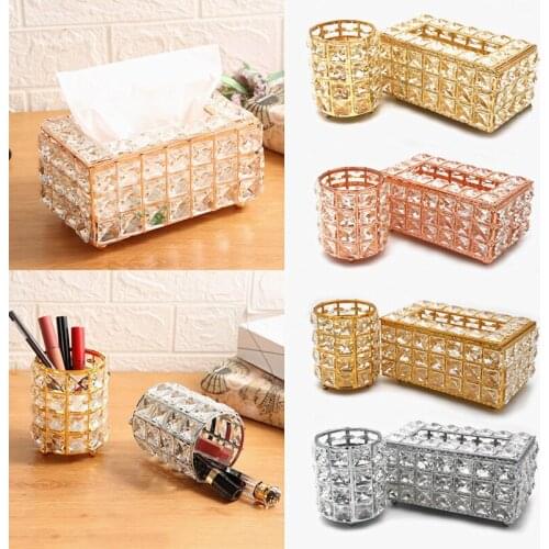 2Pcs/Set Nordic Crystal Tissue Box Makeup Brush Holder Bedroom Office Hotel Table Napkin Dispenser