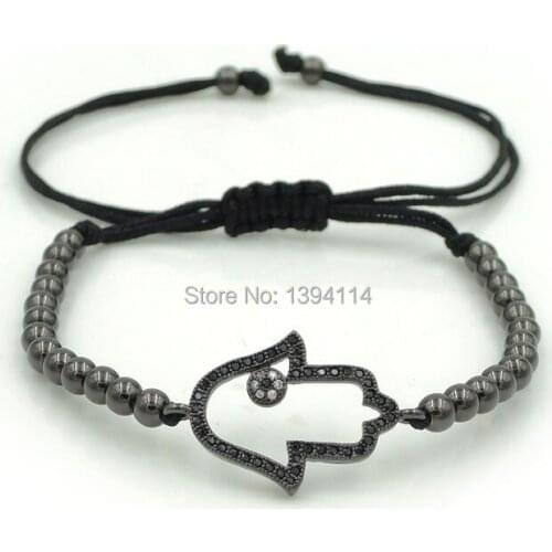 20*17*2mm Micro Pave CZ Evil Eye Hamsa Hand Connector & 4mm Round Beads Braided Macrame Bracelet Jewelry