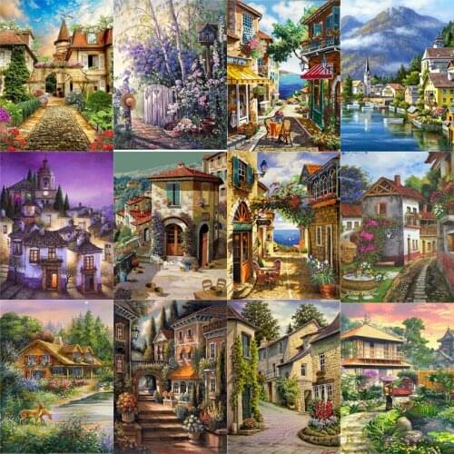 3D Full Square daimond painting Round Diamond mosaic landscape houses street Deer rhinestones pictures diamond embroidery