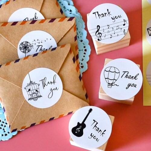 500 Sets x Simple Black & White Thank You Circle 3.5cm Paper Sticker Musical Note Guitar Gift Baking Decoration Stickers