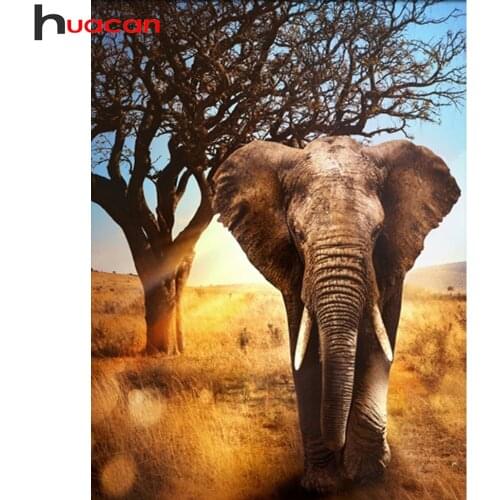 Huacan Diamond Painting Full Elephant Wall Stickers Embroidery Mosaic Sunset Tree Animal Home Decoration