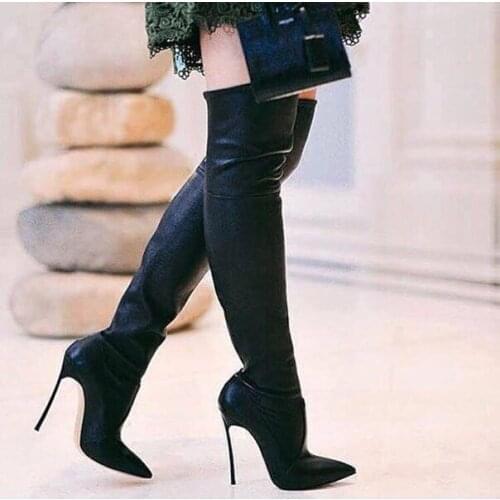 Black Suede Pointed Toe High Heel Boots Sexy Thigh High Boots Woman thin heels over the knee boots stretch fabric boots